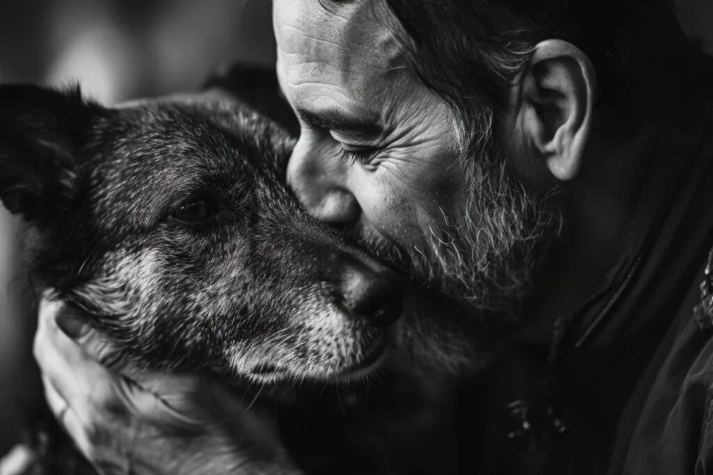 noir blanc portrait person kissing dog