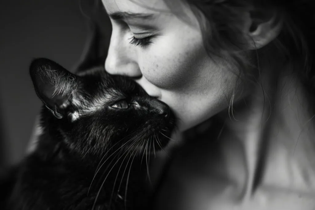 noir blanc portrait person kissing black chat
