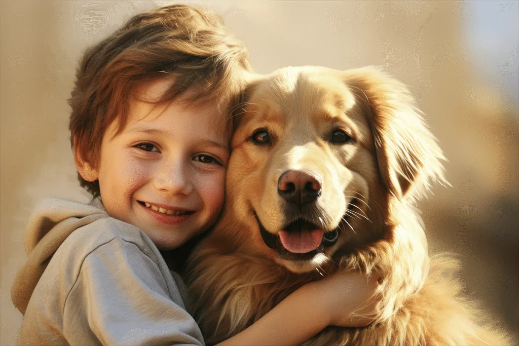 petit garçon affection son chien de compagnie